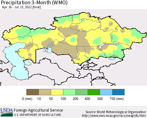 Kazakhstan Precipitation 3-Month (WMO) Thematic Map For 4/16/2022 - 7/15/2022