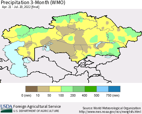 Kazakhstan Precipitation 3-Month (WMO) Thematic Map For 4/21/2022 - 7/20/2022