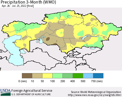 Kazakhstan Precipitation 3-Month (WMO) Thematic Map For 4/26/2022 - 7/25/2022