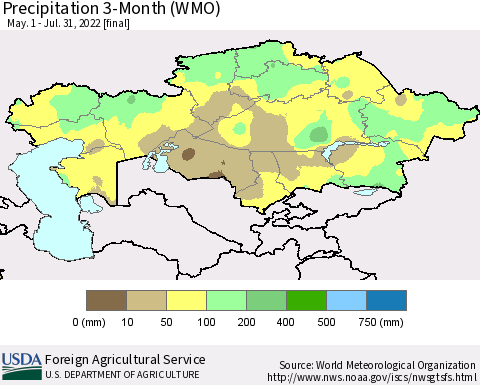 Kazakhstan Precipitation 3-Month (WMO) Thematic Map For 5/1/2022 - 7/31/2022