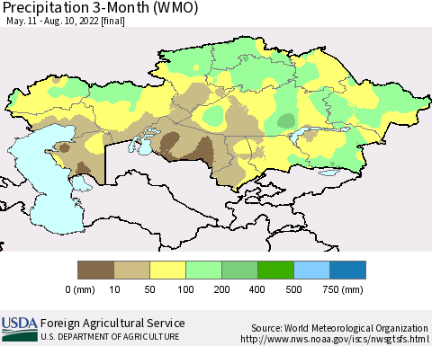 Kazakhstan Precipitation 3-Month (WMO) Thematic Map For 5/11/2022 - 8/10/2022