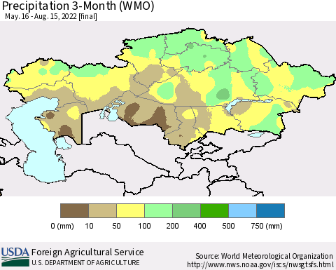 Kazakhstan Precipitation 3-Month (WMO) Thematic Map For 5/16/2022 - 8/15/2022