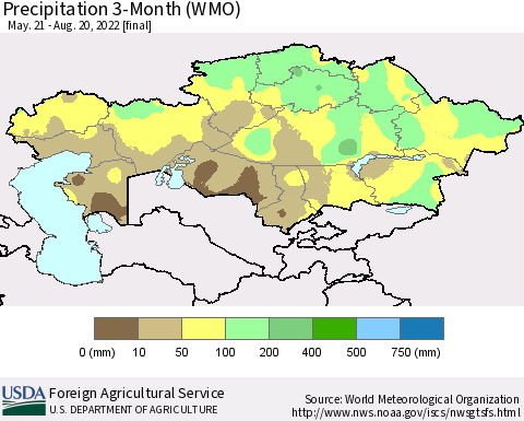 Kazakhstan Precipitation 3-Month (WMO) Thematic Map For 5/21/2022 - 8/20/2022