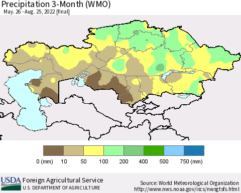 Kazakhstan Precipitation 3-Month (WMO) Thematic Map For 5/26/2022 - 8/25/2022