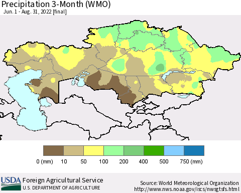 Kazakhstan Precipitation 3-Month (WMO) Thematic Map For 6/1/2022 - 8/31/2022