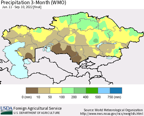 Kazakhstan Precipitation 3-Month (WMO) Thematic Map For 6/11/2022 - 9/10/2022