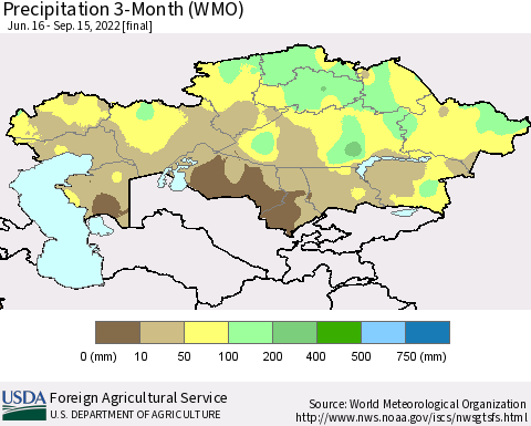 Kazakhstan Precipitation 3-Month (WMO) Thematic Map For 6/16/2022 - 9/15/2022