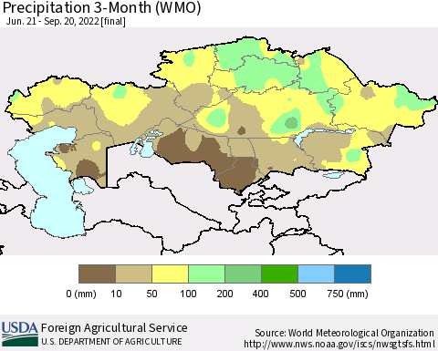 Kazakhstan Precipitation 3-Month (WMO) Thematic Map For 6/21/2022 - 9/20/2022