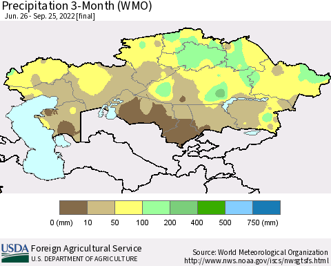 Kazakhstan Precipitation 3-Month (WMO) Thematic Map For 6/26/2022 - 9/25/2022
