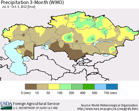 Kazakhstan Precipitation 3-Month (WMO) Thematic Map For 7/6/2022 - 10/5/2022