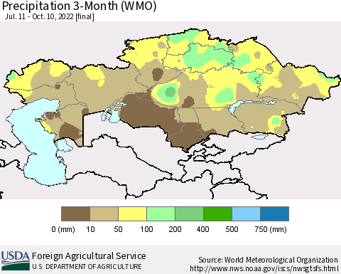 Kazakhstan Precipitation 3-Month (WMO) Thematic Map For 7/11/2022 - 10/10/2022