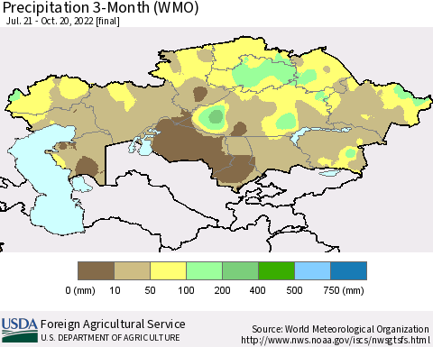 Kazakhstan Precipitation 3-Month (WMO) Thematic Map For 7/21/2022 - 10/20/2022