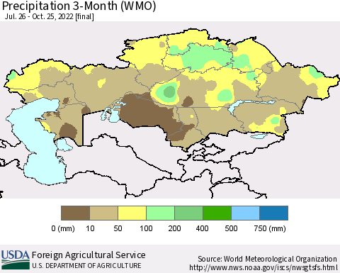 Kazakhstan Precipitation 3-Month (WMO) Thematic Map For 7/26/2022 - 10/25/2022