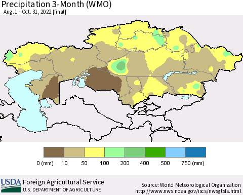 Kazakhstan Precipitation 3-Month (WMO) Thematic Map For 8/1/2022 - 10/31/2022