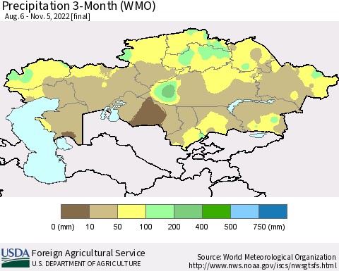 Kazakhstan Precipitation 3-Month (WMO) Thematic Map For 8/6/2022 - 11/5/2022