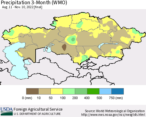 Kazakhstan Precipitation 3-Month (WMO) Thematic Map For 8/11/2022 - 11/10/2022