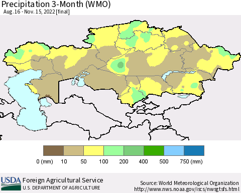 Kazakhstan Precipitation 3-Month (WMO) Thematic Map For 8/16/2022 - 11/15/2022