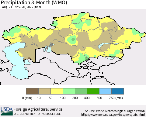 Kazakhstan Precipitation 3-Month (WMO) Thematic Map For 8/21/2022 - 11/20/2022