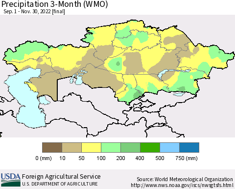 Kazakhstan Precipitation 3-Month (WMO) Thematic Map For 9/1/2022 - 11/30/2022