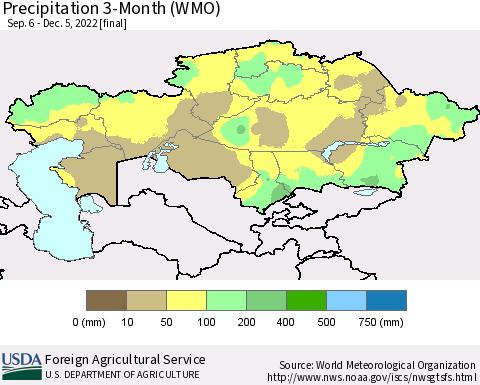 Kazakhstan Precipitation 3-Month (WMO) Thematic Map For 9/6/2022 - 12/5/2022