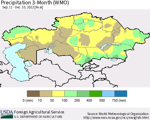 Kazakhstan Precipitation 3-Month (WMO) Thematic Map For 9/11/2022 - 12/10/2022