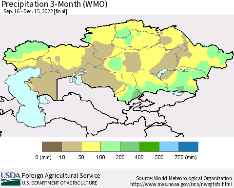 Kazakhstan Precipitation 3-Month (WMO) Thematic Map For 9/16/2022 - 12/15/2022