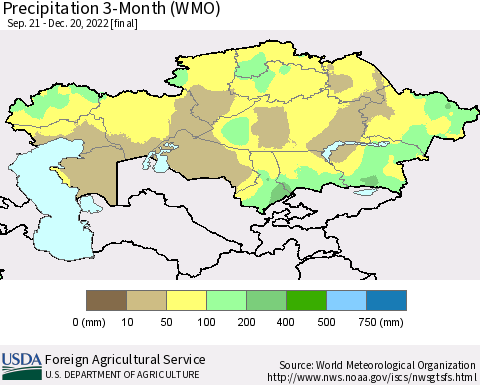 Kazakhstan Precipitation 3-Month (WMO) Thematic Map For 9/21/2022 - 12/20/2022