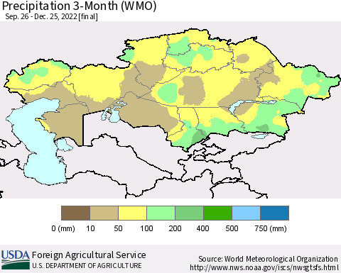 Kazakhstan Precipitation 3-Month (WMO) Thematic Map For 9/26/2022 - 12/25/2022
