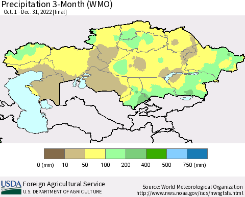 Kazakhstan Precipitation 3-Month (WMO) Thematic Map For 10/1/2022 - 12/31/2022