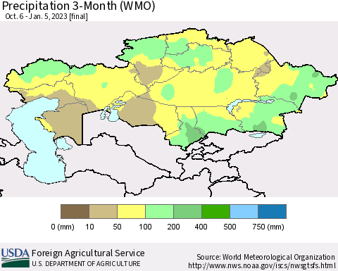 Kazakhstan Precipitation 3-Month (WMO) Thematic Map For 10/6/2022 - 1/5/2023