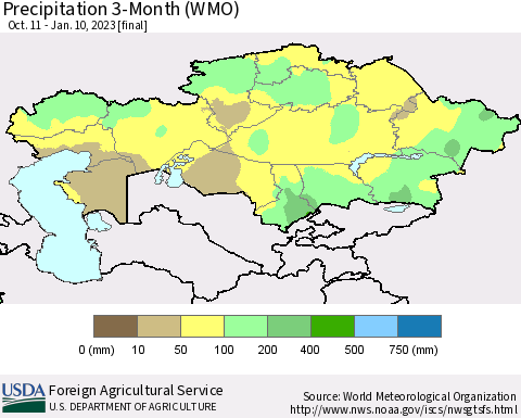 Kazakhstan Precipitation 3-Month (WMO) Thematic Map For 10/11/2022 - 1/10/2023