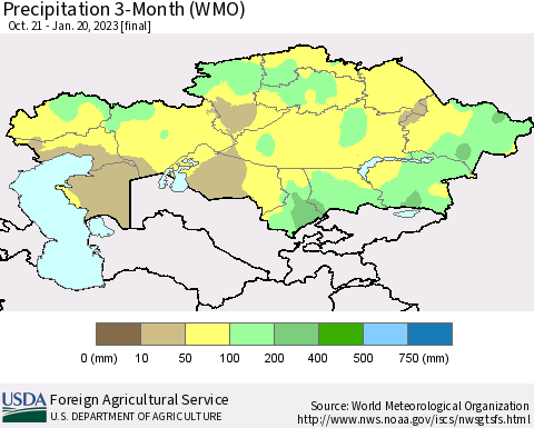 Kazakhstan Precipitation 3-Month (WMO) Thematic Map For 10/21/2022 - 1/20/2023