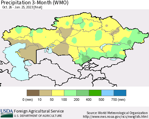 Kazakhstan Precipitation 3-Month (WMO) Thematic Map For 10/26/2022 - 1/25/2023