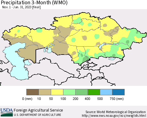 Kazakhstan Precipitation 3-Month (WMO) Thematic Map For 11/1/2022 - 1/31/2023