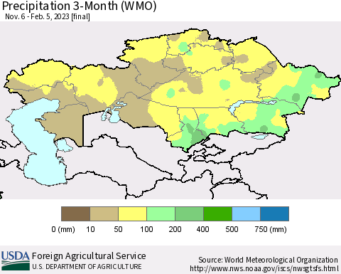 Kazakhstan Precipitation 3-Month (WMO) Thematic Map For 11/6/2022 - 2/5/2023