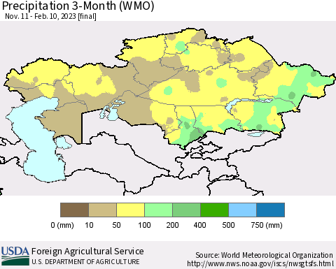 Kazakhstan Precipitation 3-Month (WMO) Thematic Map For 11/11/2022 - 2/10/2023