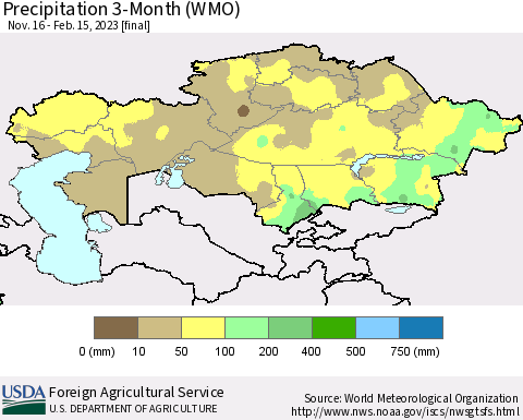 Kazakhstan Precipitation 3-Month (WMO) Thematic Map For 11/16/2022 - 2/15/2023