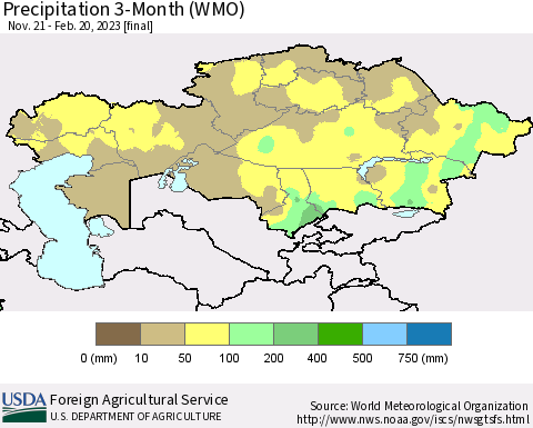 Kazakhstan Precipitation 3-Month (WMO) Thematic Map For 11/21/2022 - 2/20/2023