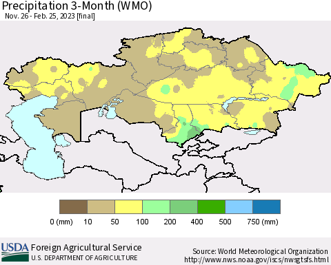 Kazakhstan Precipitation 3-Month (WMO) Thematic Map For 11/26/2022 - 2/25/2023
