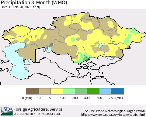 Kazakhstan Precipitation 3-Month (WMO) Thematic Map For 12/1/2022 - 2/28/2023