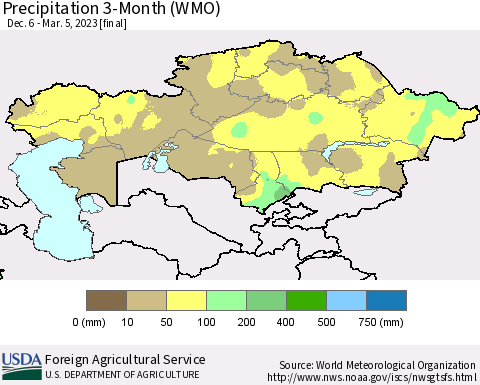 Kazakhstan Precipitation 3-Month (WMO) Thematic Map For 12/6/2022 - 3/5/2023
