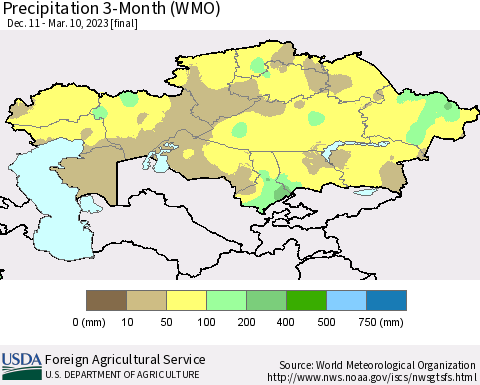 Kazakhstan Precipitation 3-Month (WMO) Thematic Map For 12/11/2022 - 3/10/2023
