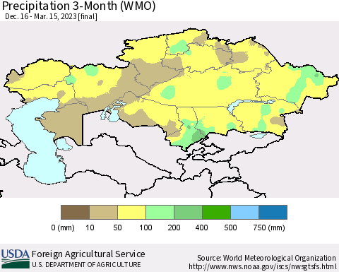Kazakhstan Precipitation 3-Month (WMO) Thematic Map For 12/16/2022 - 3/15/2023