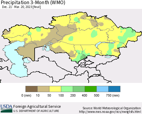 Kazakhstan Precipitation 3-Month (WMO) Thematic Map For 12/21/2022 - 3/20/2023