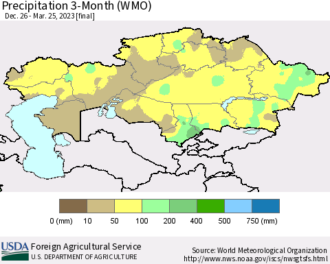 Kazakhstan Precipitation 3-Month (WMO) Thematic Map For 12/26/2022 - 3/25/2023