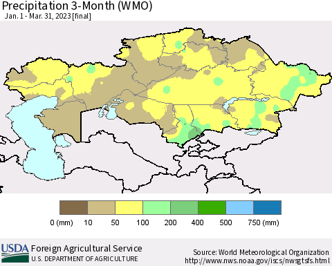 Kazakhstan Precipitation 3-Month (WMO) Thematic Map For 1/1/2023 - 3/31/2023