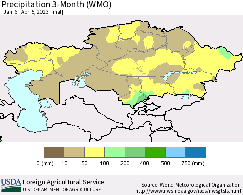 Kazakhstan Precipitation 3-Month (WMO) Thematic Map For 1/6/2023 - 4/5/2023