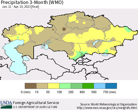 Kazakhstan Precipitation 3-Month (WMO) Thematic Map For 1/11/2023 - 4/10/2023