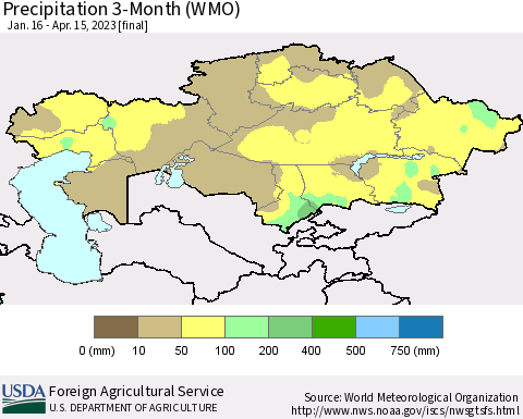 Kazakhstan Precipitation 3-Month (WMO) Thematic Map For 1/16/2023 - 4/15/2023