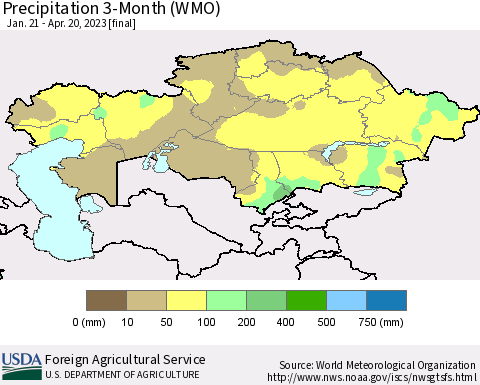 Kazakhstan Precipitation 3-Month (WMO) Thematic Map For 1/21/2023 - 4/20/2023